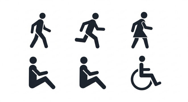 Diverse people running walking sitting exercising and in a wheelchair on white background for accessibility and health concepts