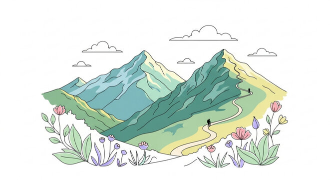 A colorful illustration of a mountain range with a winding path and flowers