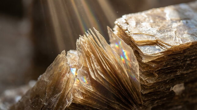 Layered sheets of raw mica mineral with iridescent rainbow highlights glowing under a bright beam of sunlight