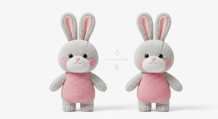 Two cute, gray and pink bunny plush toys with pink cheeks and ears, standing side by side against a white background.