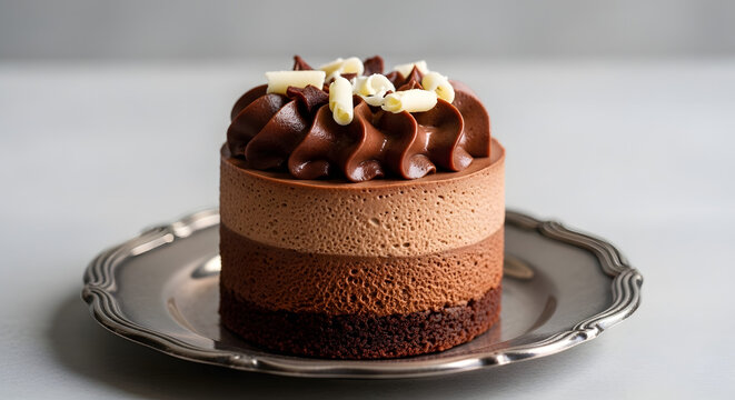 Delicious triple layer chocolate mousse cake with ganache topping and white chocolate curls on a vintage silver plate