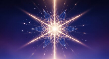 Obraz premium A radiant, star-like symbol with intricate patterns and glowing points, set against a dark, starry background with a hint of blue and purple hues.