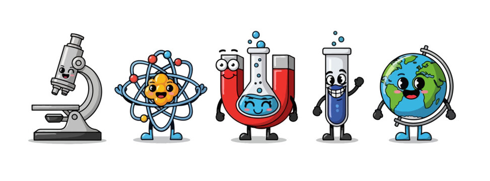 Cute science cartoon characters including microscope and globe