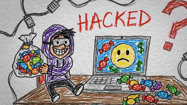 Hand drawn hacker stealing candies from a laptop