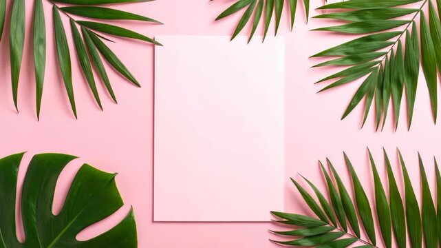Minimalist tropical flat lay with blank paper card surrounded by green palm fronds and monstera leaf on pink background