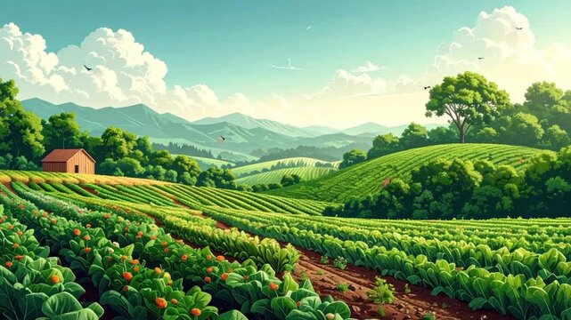 Pastoral field with crops, a wooden hut and rolling green hills
