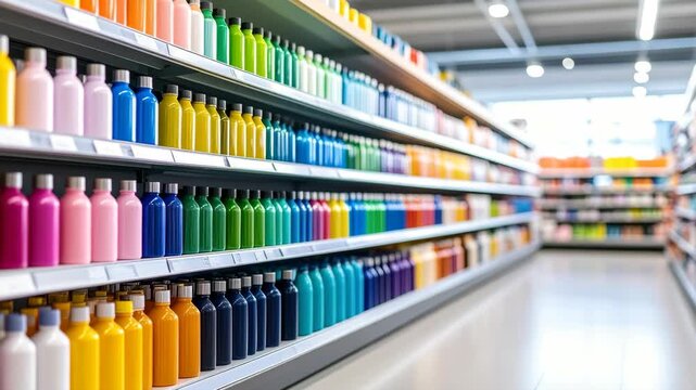 Vibrant multicolored reusable metal water bottles on supermarket shelves in a modern retail store interior
