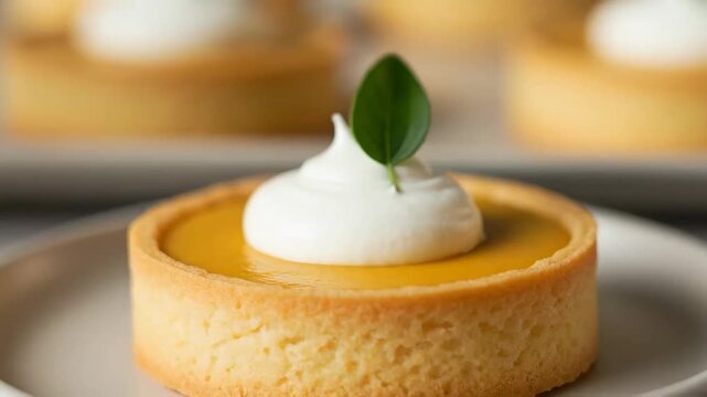 Closeup sequence of a lemon tart with whipped cream and a small green leaf garnish on ceramic plates; the view pushes in and shifts focus across multiple tarts for a cozy dessert presentation.