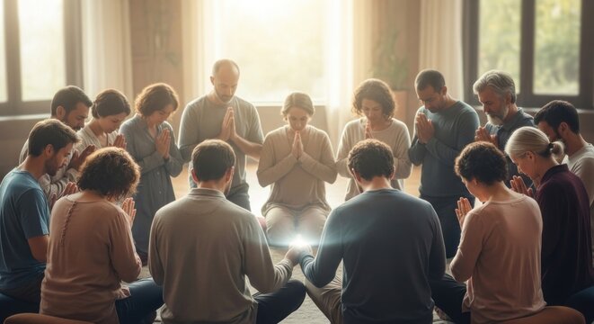 A group of people gathered in a circle, holding hands and praying, with a warm, golden light illuminating the room.