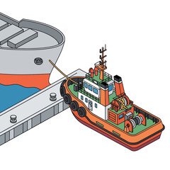 Tugboat docked beside large cargo ship. © Supar