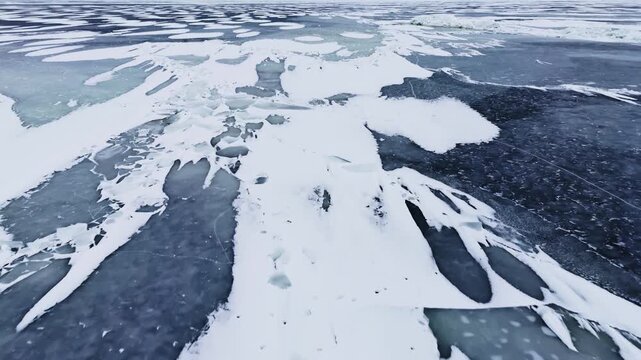 Low drone glide over fractured frozen sea with white floe plates and dark water gaps, creating a dramatic winter hazard and climate thaw texture background.