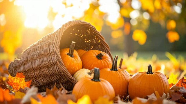 Golden autumn harvest scene with orange pumpkins spilling out of a wicker cornucopia onto fall leaves in sunny woods
