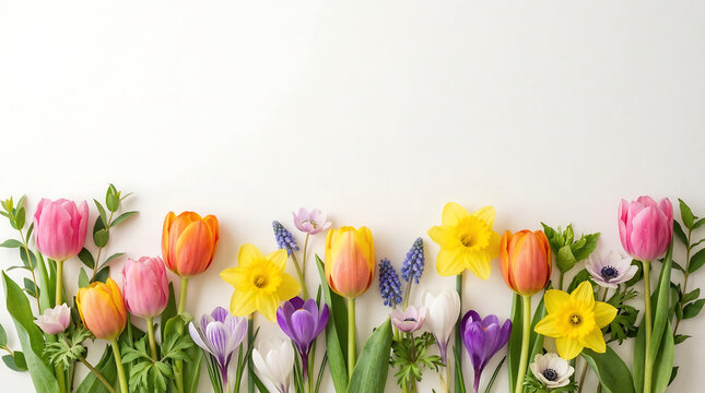 Colorful spring flowers including tulips, daffodils, crocus and muscari arranged as a decorative border on a light background with copy space. Fresh seasonal floral composition for spring design.