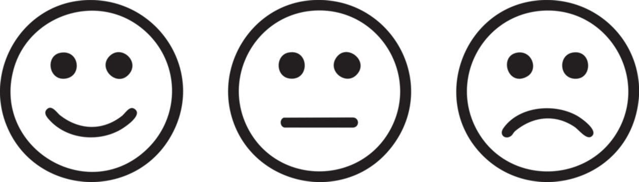 Smiling, neutral, and frowning emoticon faces on white background