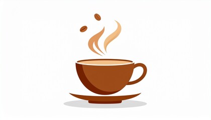 Obraz premium Steaming hot coffee cup with rising steam and coffee beans vector illustration, warm morning beverage drink icon.