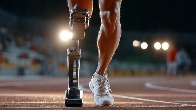 Defiant Stride: An athlete with a prosthetic leg fearlessly strides forward on a race track, embodying resilience and the pursuit of victory. 