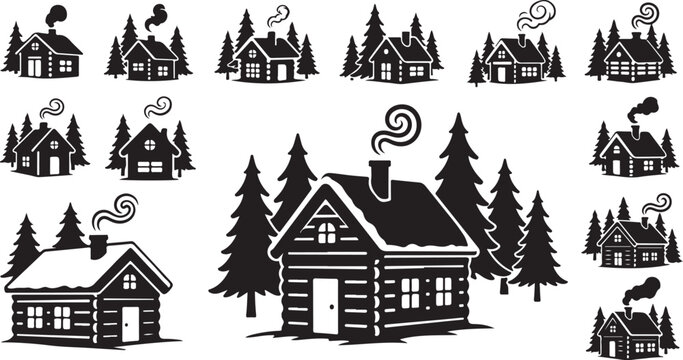 Black and white log cabin forest illustration set landscape