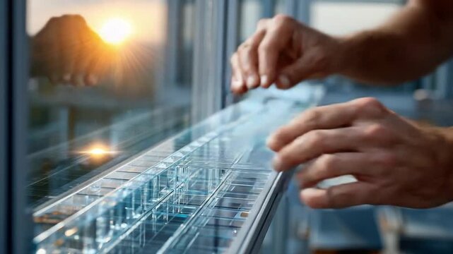 The Engineer's Vision: The image shows a close-up of a person's hands delicately interacting with a complex architectural or technological structure, framed by the backdrop of a setting sun.
