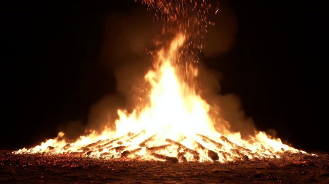 A large bonfire at night, with flames, sparks, smoke and logs ablaze in the darkness