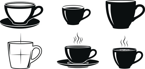Obraz premium Coffee cup and mug icon collection with espresso latte hot drink silhouettes isolated for cafe beverage menu branding