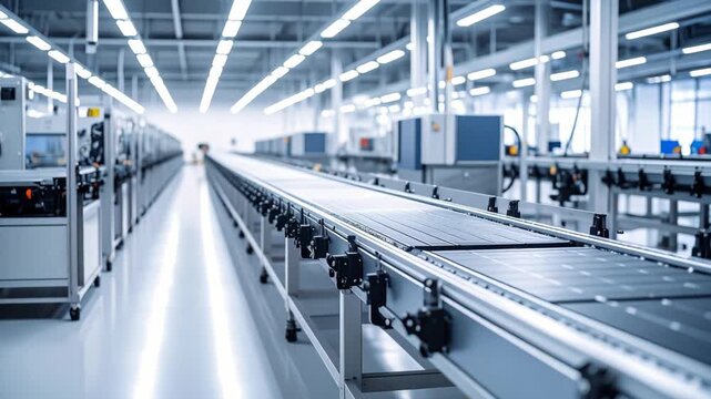 Bright clean industrial facility with automated assembly line machinery and conveyor belts in a high tech factory