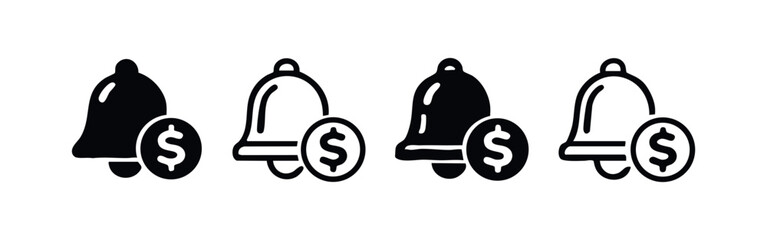 Financial notification bell with dollar sign vector icons. Money alert symbol for business, payment, or income reminders.