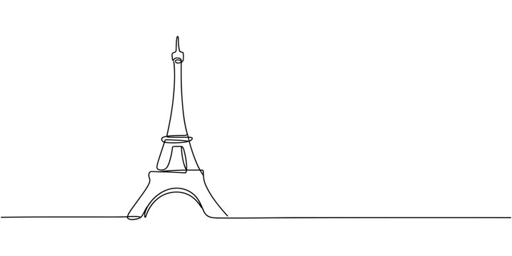 Single one line drawing of Eiffel Tower landmark wall decor poster. Iconic place in Paris, France. Tourism and travel greeting postcard concept. Modern continuous line draw design vector