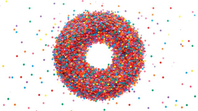 Colorful donut made of sprinkles exploding.