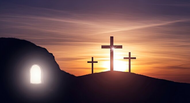 Easter sunday morning crosses on hill with empty tomb silhouette at sunrise