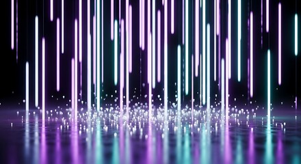 Abstract Neon Light Rain on Reflective Surface with Glowing Particles.