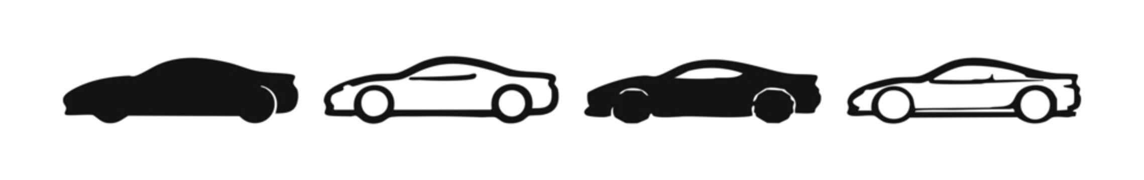 Modern Car Icons Collection - Black Silhouette and Outline Illustrations of Generic Automobiles