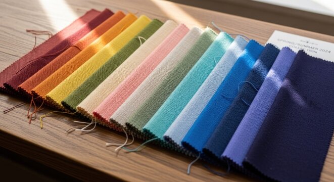 A rainbow of fabric swatches on a wooden table, with a white paper note on the right side.