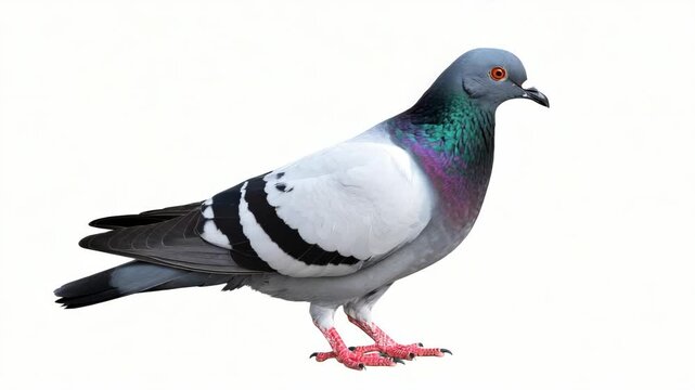 Side view of a grey and white pigeon bird with iridescent neck feathers standing against a clean white background