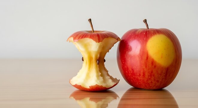 Fresh red apple half and whole on wooden table minimalist food photography