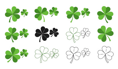 Green, Black, and Outline Shamrock Vector Icons for St Patrick&rsquo;s Day and Good Luck