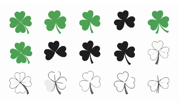 Four-Leaf Clover and Shamrock Icon Set Vector in Green, Black, and Outline Styles