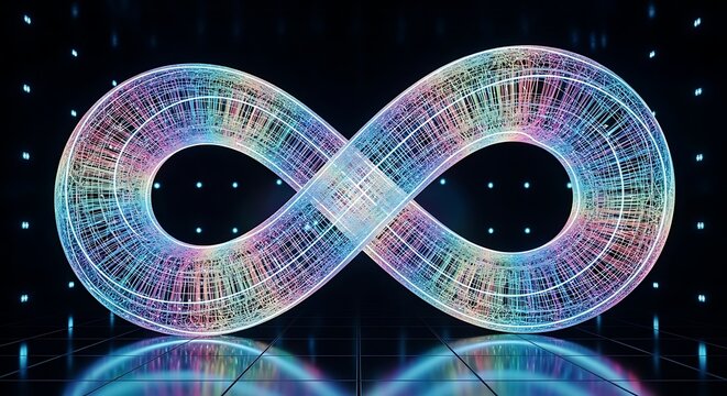 Vibrant Infinity Symbol with Digital Light Trails on Dark Background.