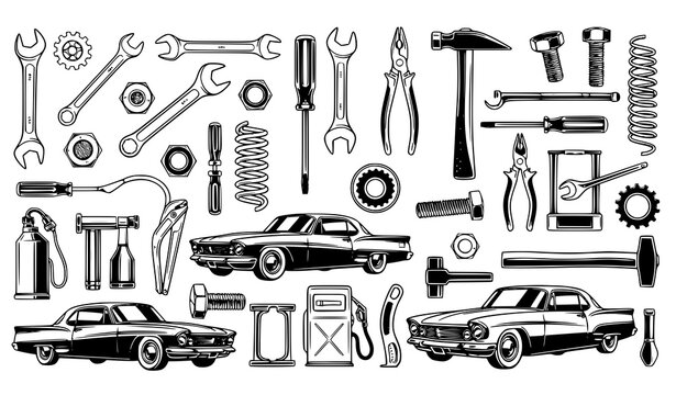 Vintage Car Repair Design Elements Vector Set Black and White Isolated