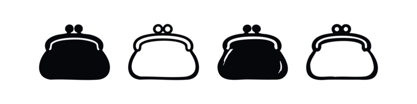 Coin Purse Icon Set. Vintage Wallet Symbols. Money Storage and Financial Savings Glyph Vector Illustration.