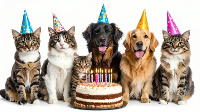 Domestic pets including golden retriever and tabby cats wearing colorful party hats with birthday cake and candles