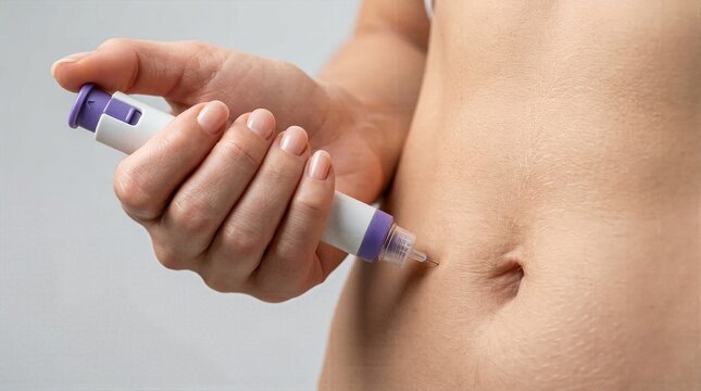 Patient using medical pen device for subcutaneous hormone injection into the abdomen skin