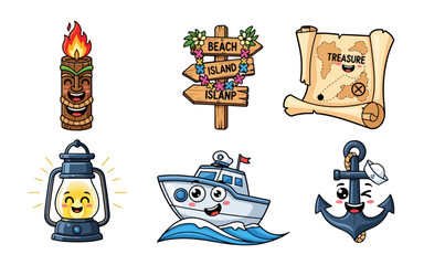 Fototapeta premium Colorful Cartoon Nautical and Tropical Icon Set with Fun Characters