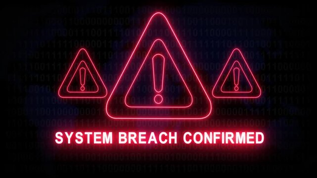 System breach confirmed alert warning. Cybersecurity defense and secure digital systems protection against cyberattacks. urgent threat notification 4k safety black background animation