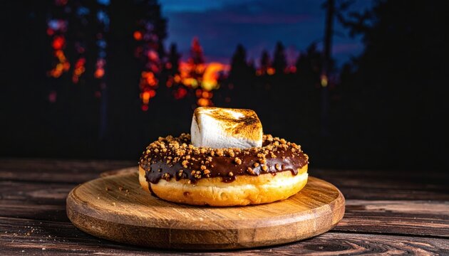 Gourmet Smores Doughnut With Chocolate Frosting, Graham Cracker Crumbs and Toasted Marshmallow on a Wooden Board with Blurred Night Background