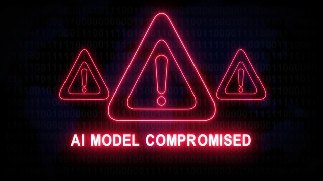 Ai model compromised alert warning. Cybersecurity defense and secure digital systems protection against cyberattacks. urgent threat notification4k safety black background animation