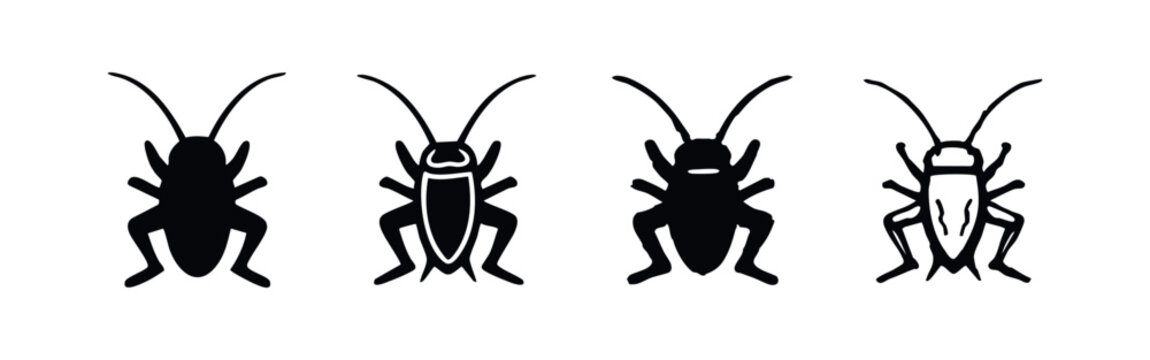 Cockroach and Cricket Insect Icon Set. Minimalist Pest Control Vector Graphics. Simple Bug Symbols.