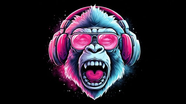 Cool gorilla wearing headphones and sunglasses, glowing with neon colors, ready to party