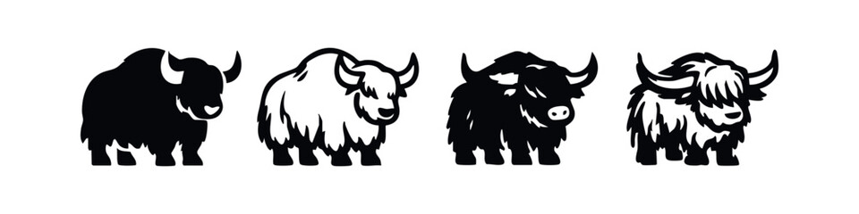 Cute Yak and Highland Cow Set, Simple Black and White Cattle Icons © liubomir118809