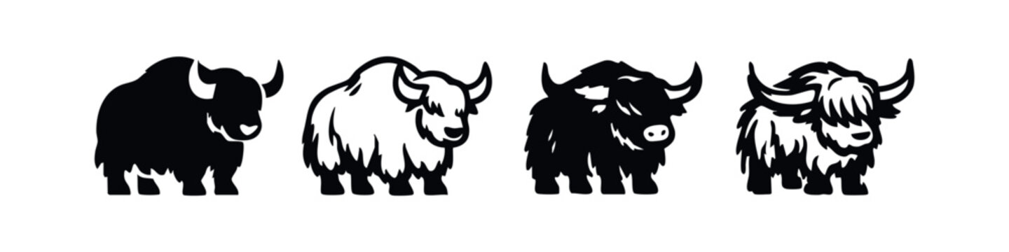 Cute Yak and Highland Cow Set, Simple Black and White Cattle Icons