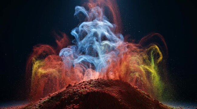 Abstract colorful powder explosion with swirling patterns against a dark background